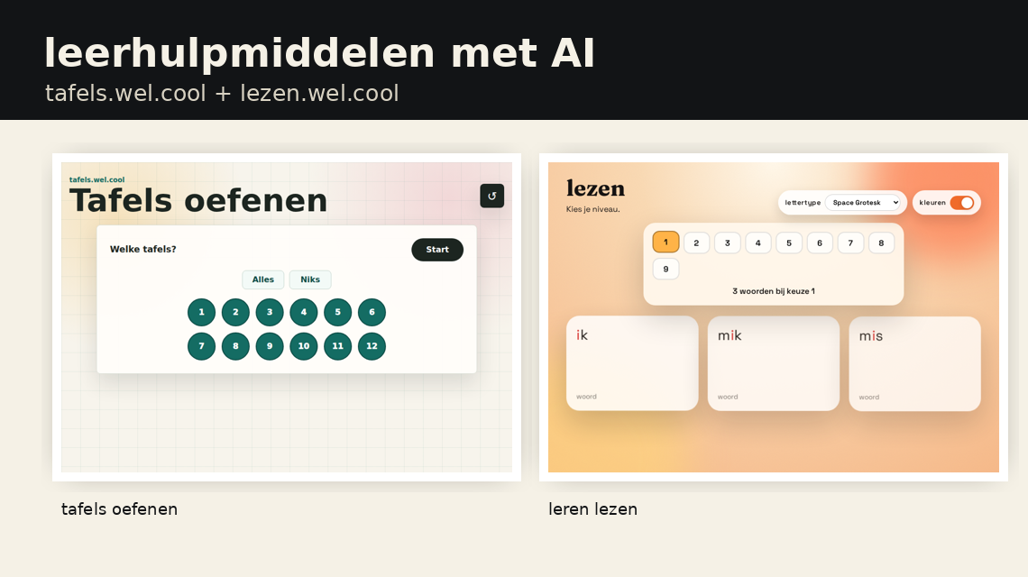 screenshots van tafels.wel.cool en lezen.wel.cool